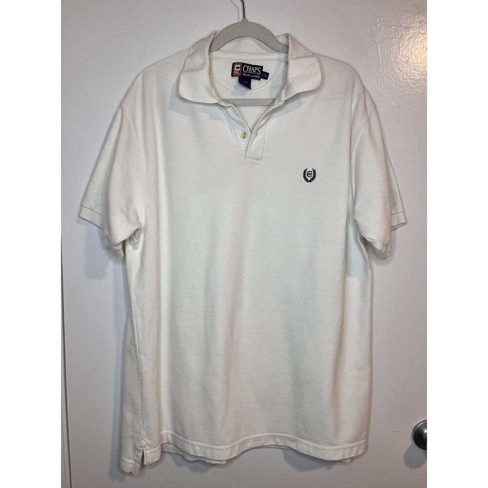 VTG Chaps Ralph Lauren White Polo Shirt Size L Crest Logo Preppy 90s Cotton